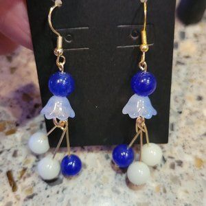 Flower Glass Bell Earrings with round beads 14k Gold hooks
